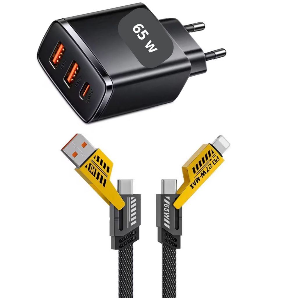 FONTE 65w TURBO 3 PORTAS + CABO TRANÇADO 4IN1  P/IPHONE X XR 11 12 13 14 15 16 17 MOTO G X Y Z