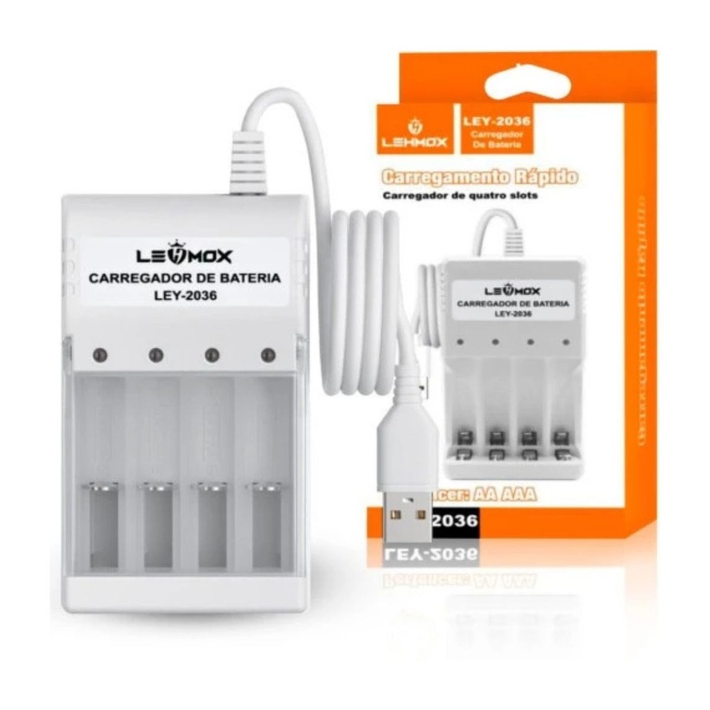 Carregador De Pilhas E Baterias  Recarregaveis AA / AAA USB com 4 Slots Com Indicador De Carga LED