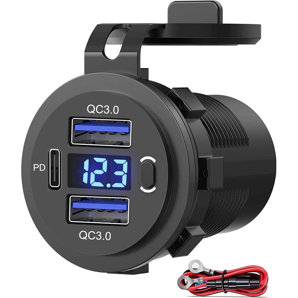 Carregador Veicular com Duas Portas USB Quick Charge 3.0 e USB-C PD, Saída USB 12V com Voltímetro e Interruptor de Energ