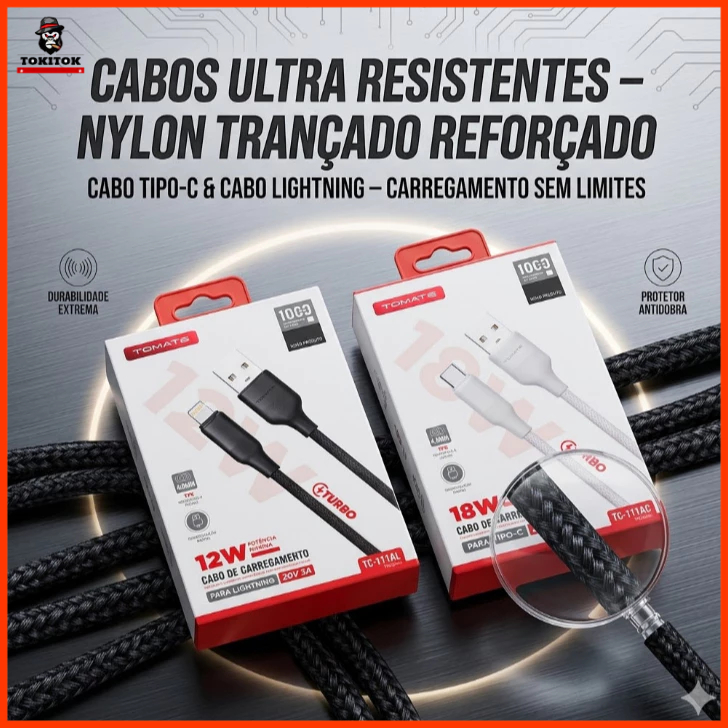Cabo Tomate USB Tipo-C e Lightning Nylon Trançado Fast Charge Preto Branco 18w / 12w