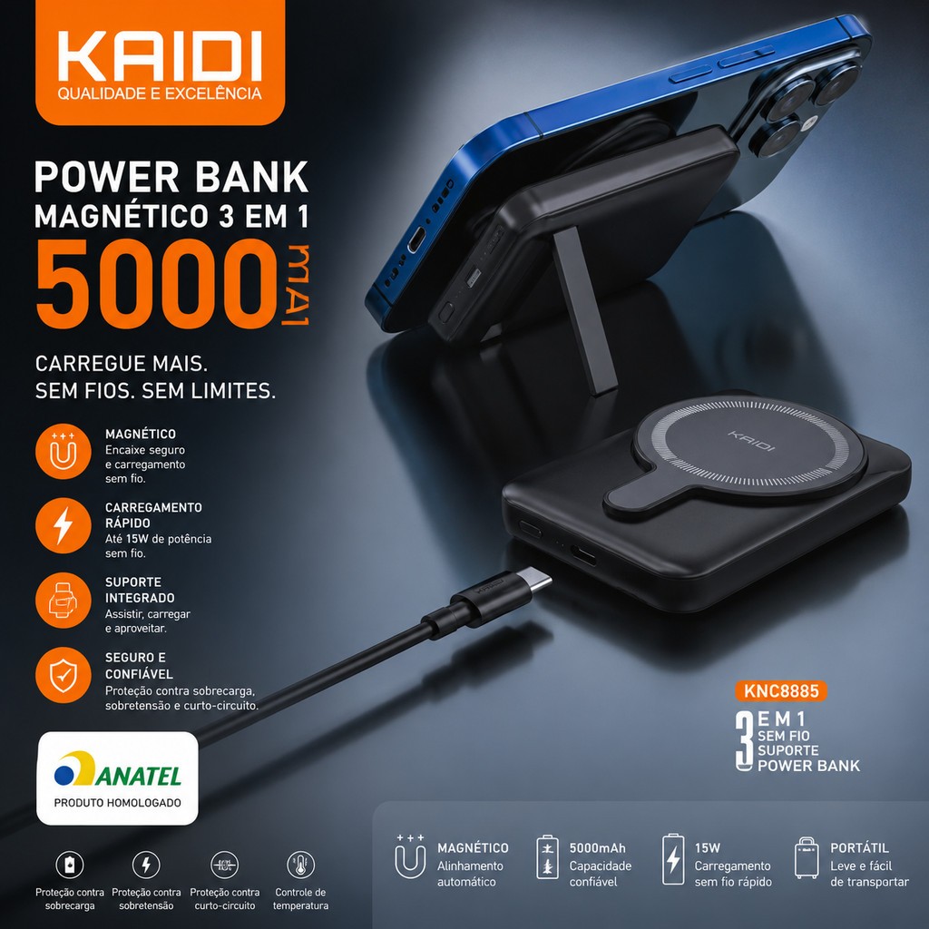 Magnético 5.000 mAh Carregador Portátil PowerBank Mini - Kaidi - KNC8885 Kaidi