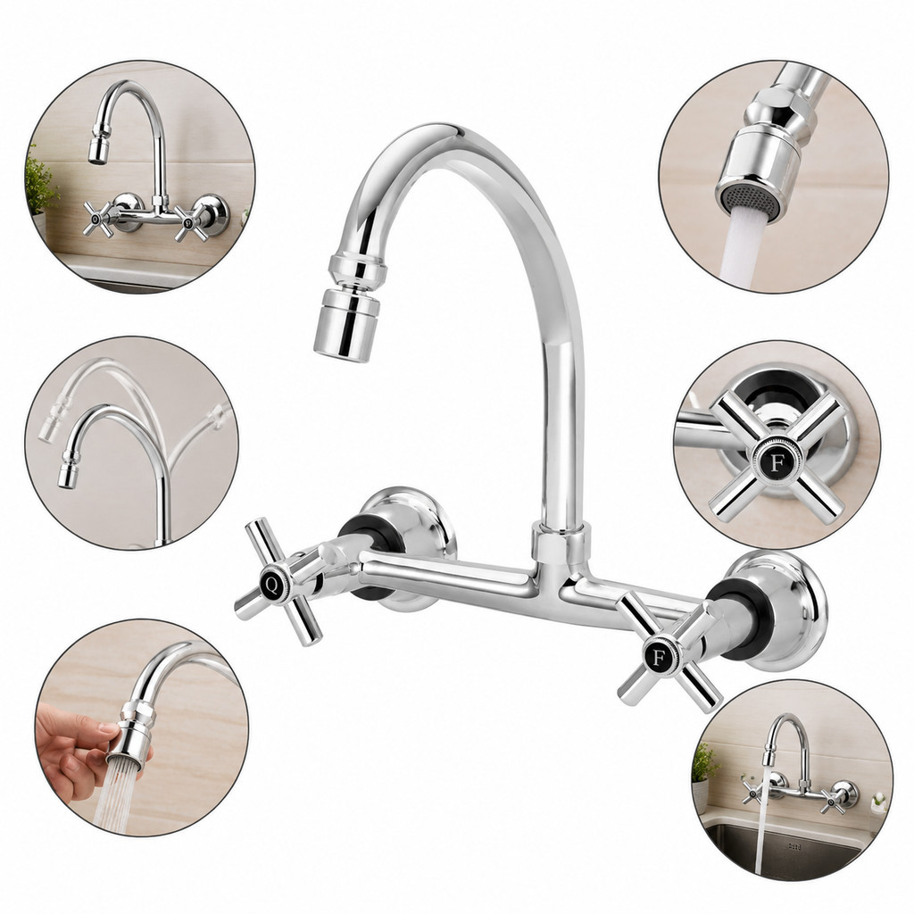 Torneira Misturador Cozinha Parede Arejador Articulado 1/4v Agua Quente Fria Anti Respingo