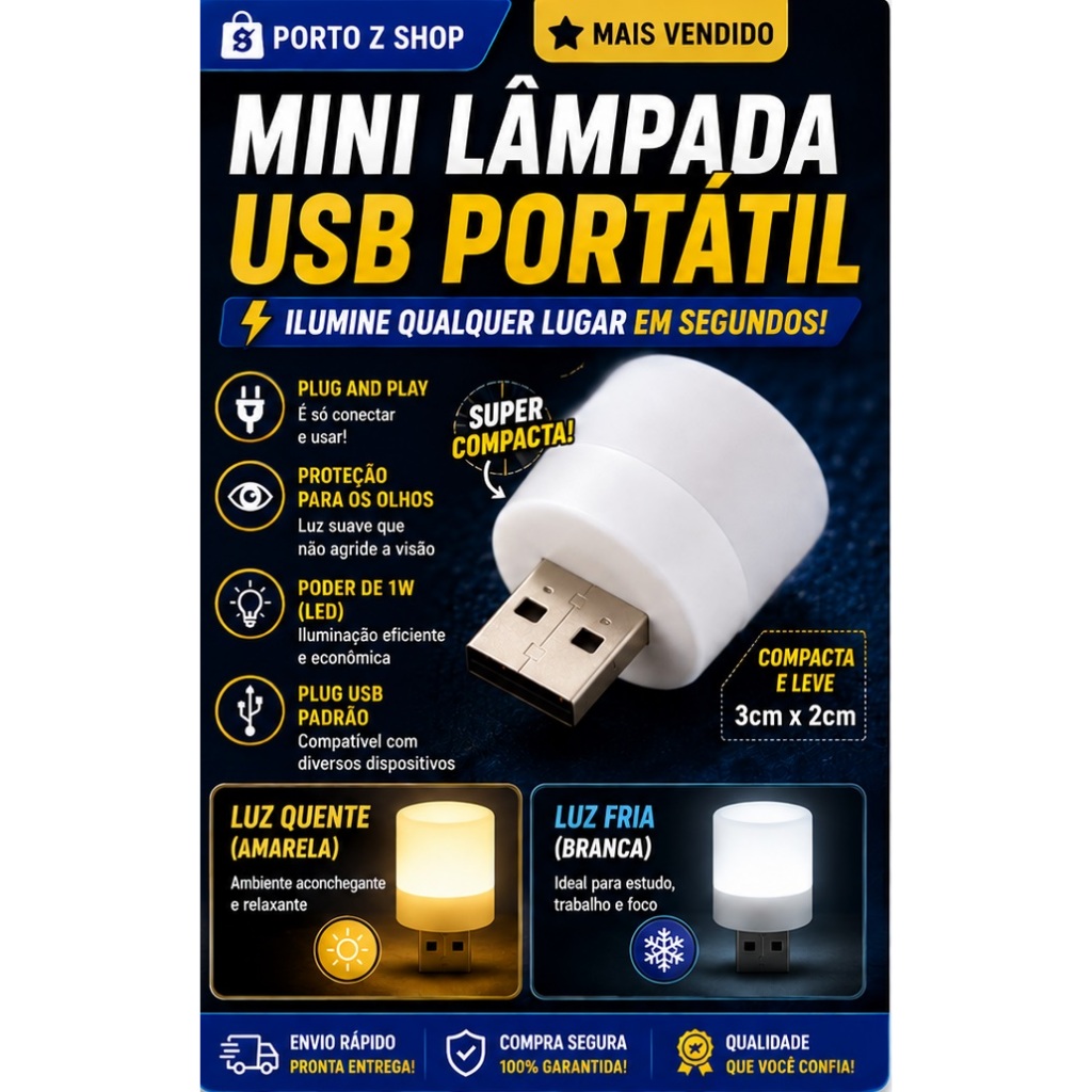 Lâmpada USB Portátil LED Luz Amarela e Branca Iluminação Suave Notebook Power Bank