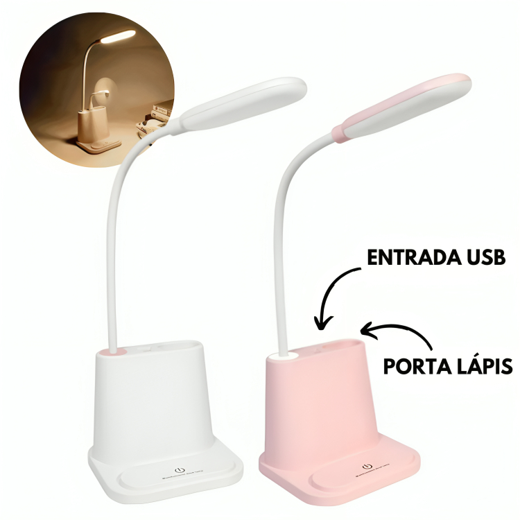 Luminaria De Mesa Led Articulada Sem Fio Recarregável Carregador Celular Porta Lápis Caneta USB power bank