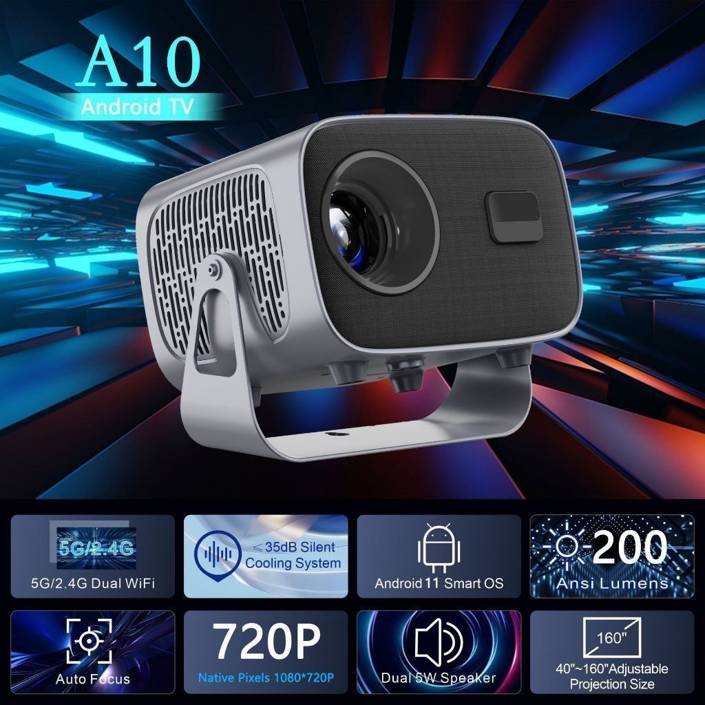 Projetor A10 Android TV 4K Dual Band WIFI 6.0 Bluetooth 5.0 Cinema Portátil Escritório Sala