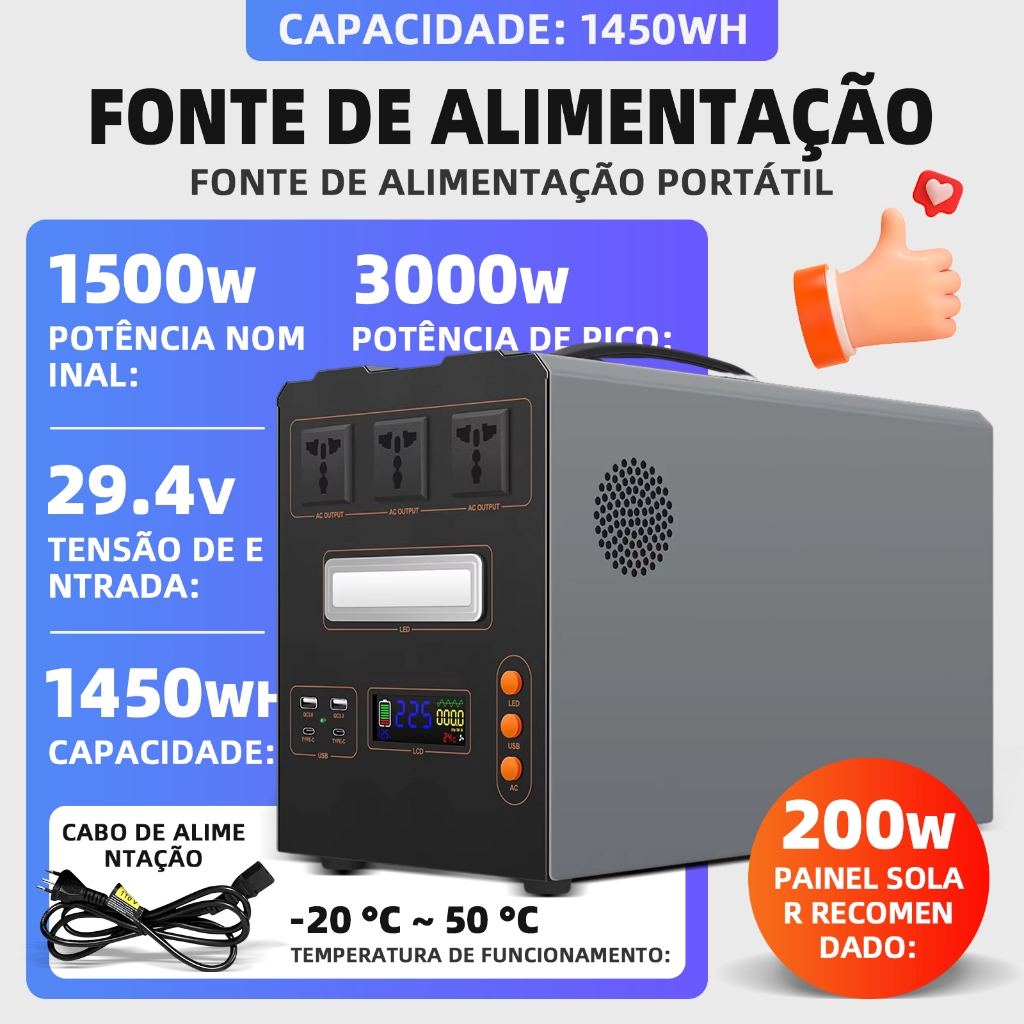 Estação de Energia Portátil 1500W - Saída Dual 110V/220V, USB-C Rápido e LED, 600W-1500W