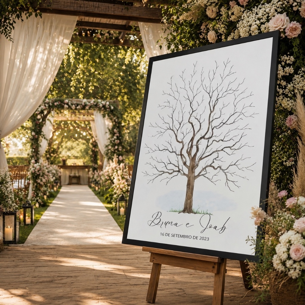 Quadro Placa Decorativa Recepção Casamento Entrada Arvore Digitais Data e Nomes