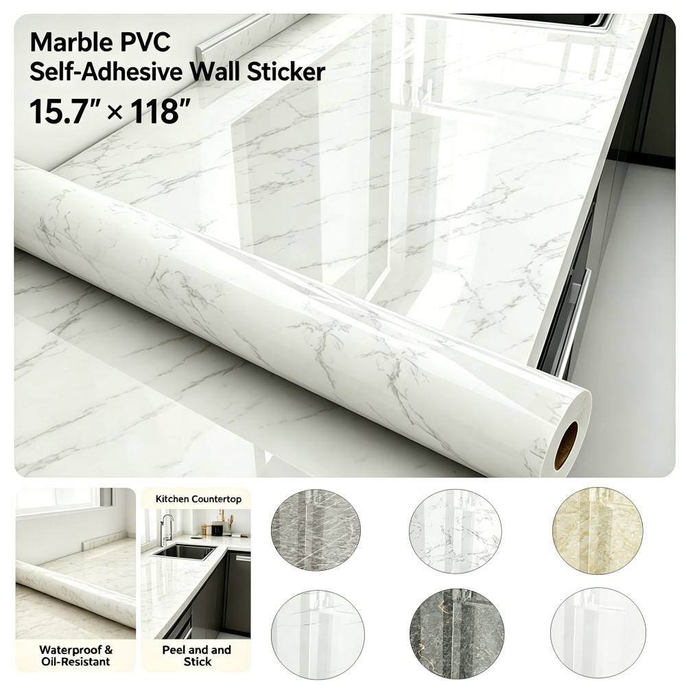 Marble-pattern PVC self-adhesive wall sticker, waterproof, for kitchen countertops, tabletops, and wall coverings