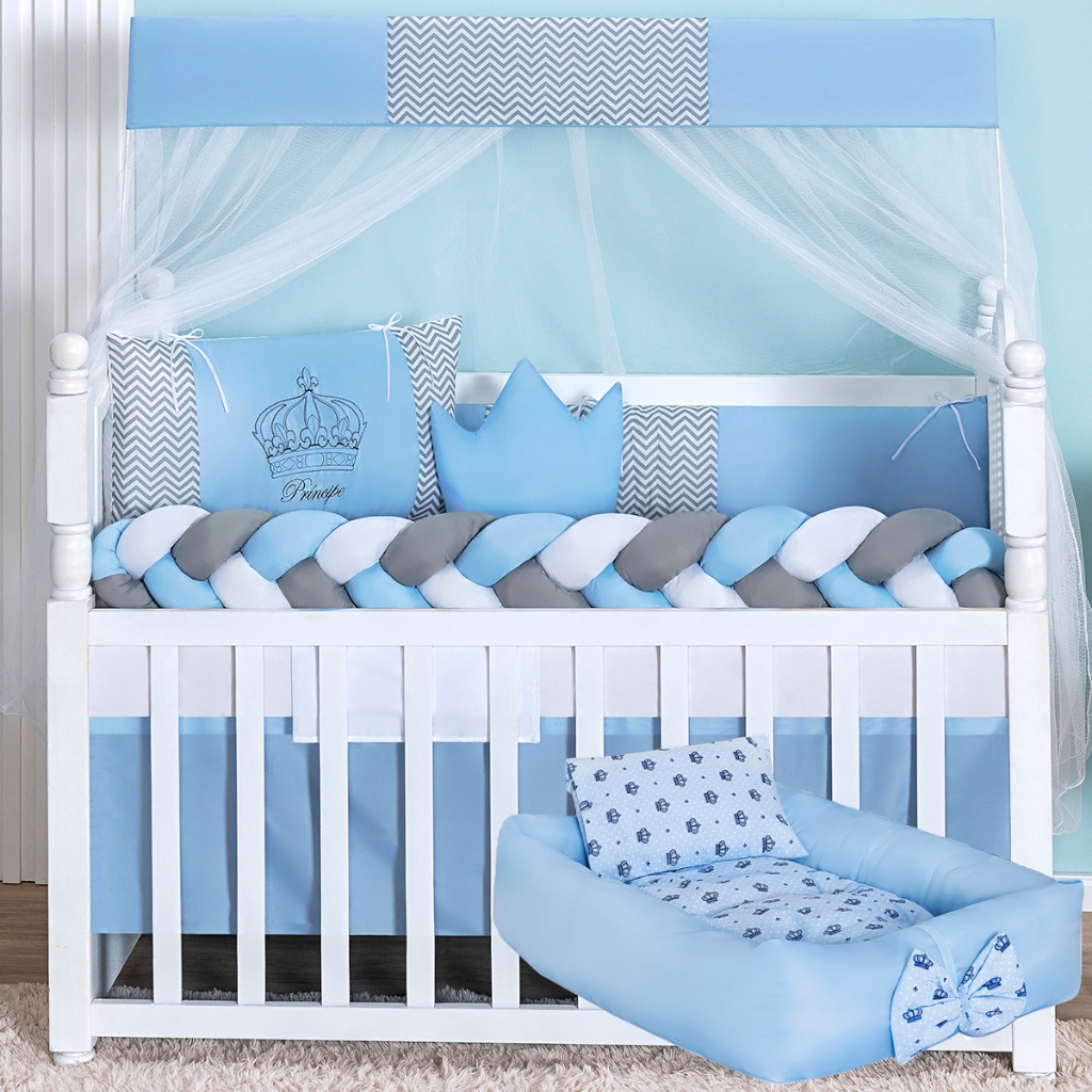 Kit Berço Slim Coroa Azul Para Menino 11 Peças Padrão Americano + Ninho 4 Peças