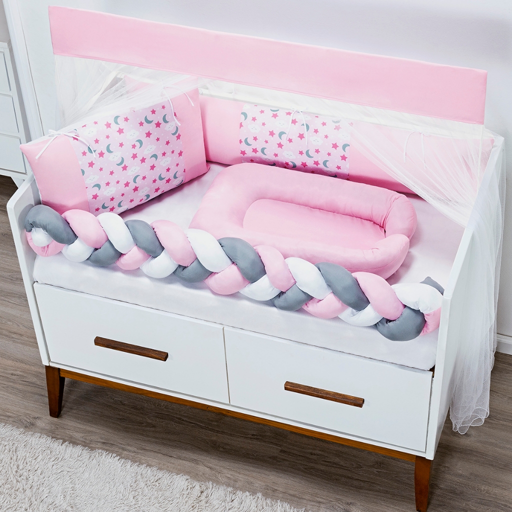 Kit Berço Slim Lua Rosa 6 Peças Padrão Americano + Ninho Redutor Slim Rosa 1 Peça