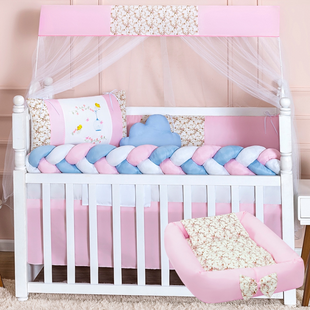 Kit Berço Slim Jardim Rosa 11 Peças Padrão Americano + Ninho Redutor Rosa