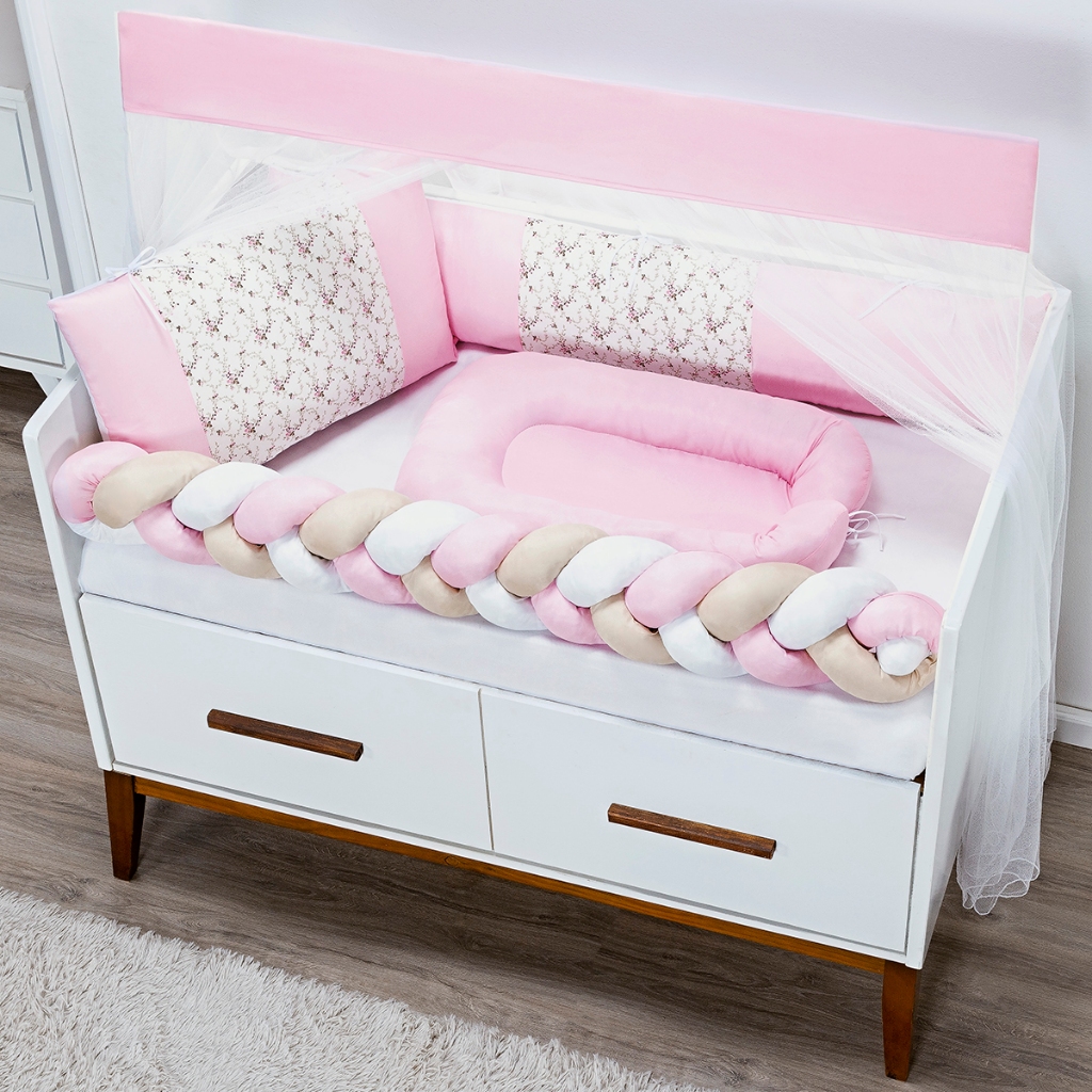 Kit Berço Slim Floral Rosa 6 Peças Padrão americano + Ninho Redutor Slim Rosa 1 Peça