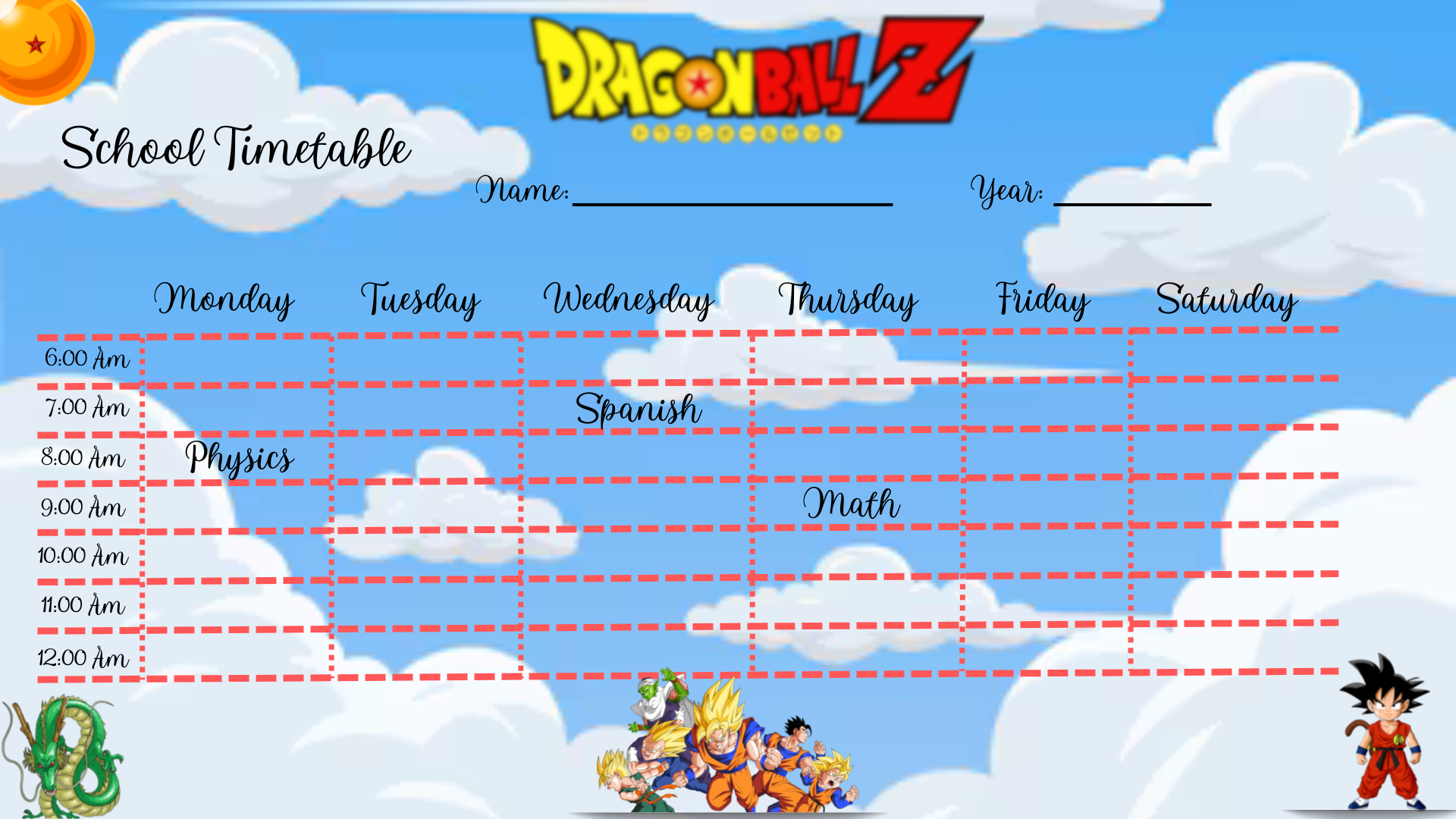 Plantilla editable Canva (horario escolar - Dragon Ball).