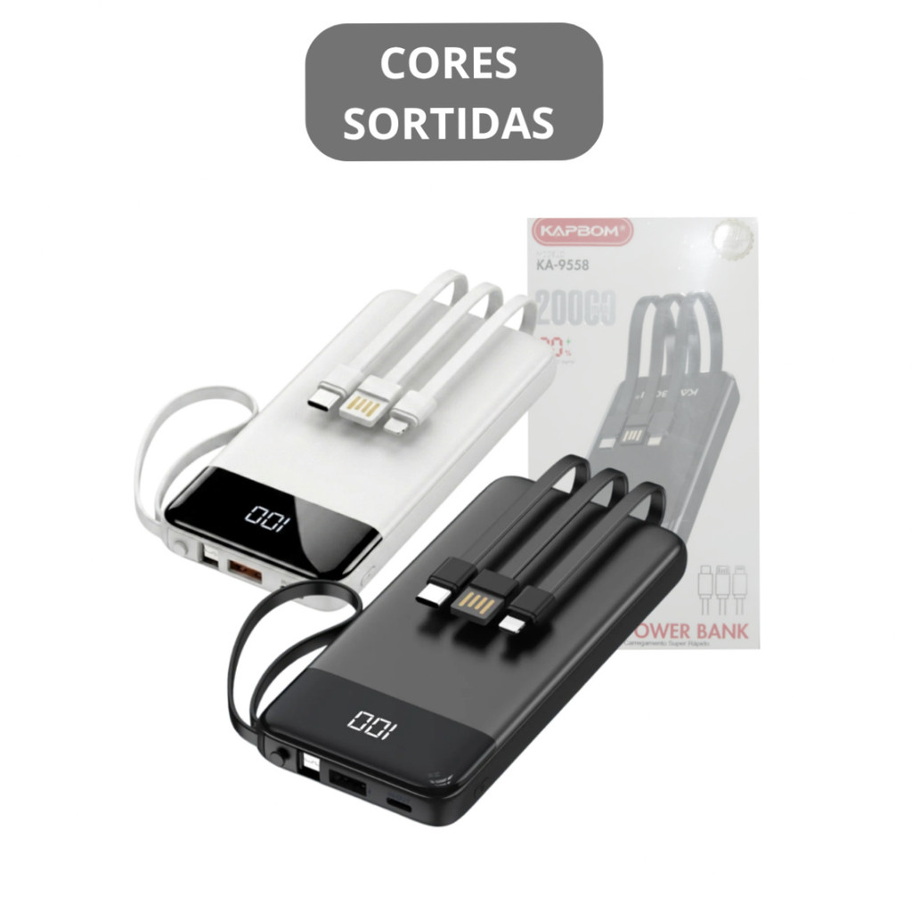 Carregador Portátil Power Bank 20000mAh Tela Digital com 04 Saídas USB / V8 / TIPO-C / Lightning