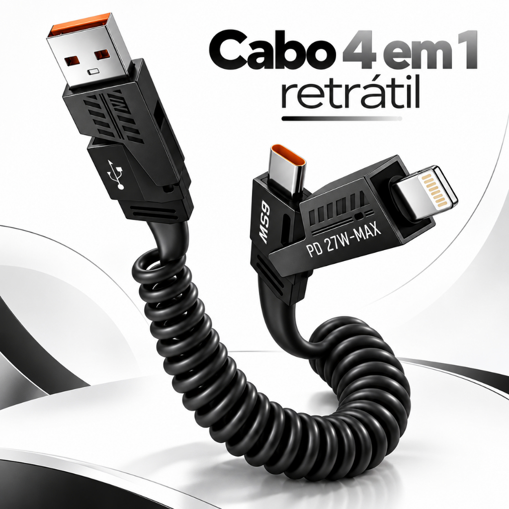 Cabo 4 Em 1 Retrátil Espiral Inova USB C Lightning Power Delivery 65W 1m