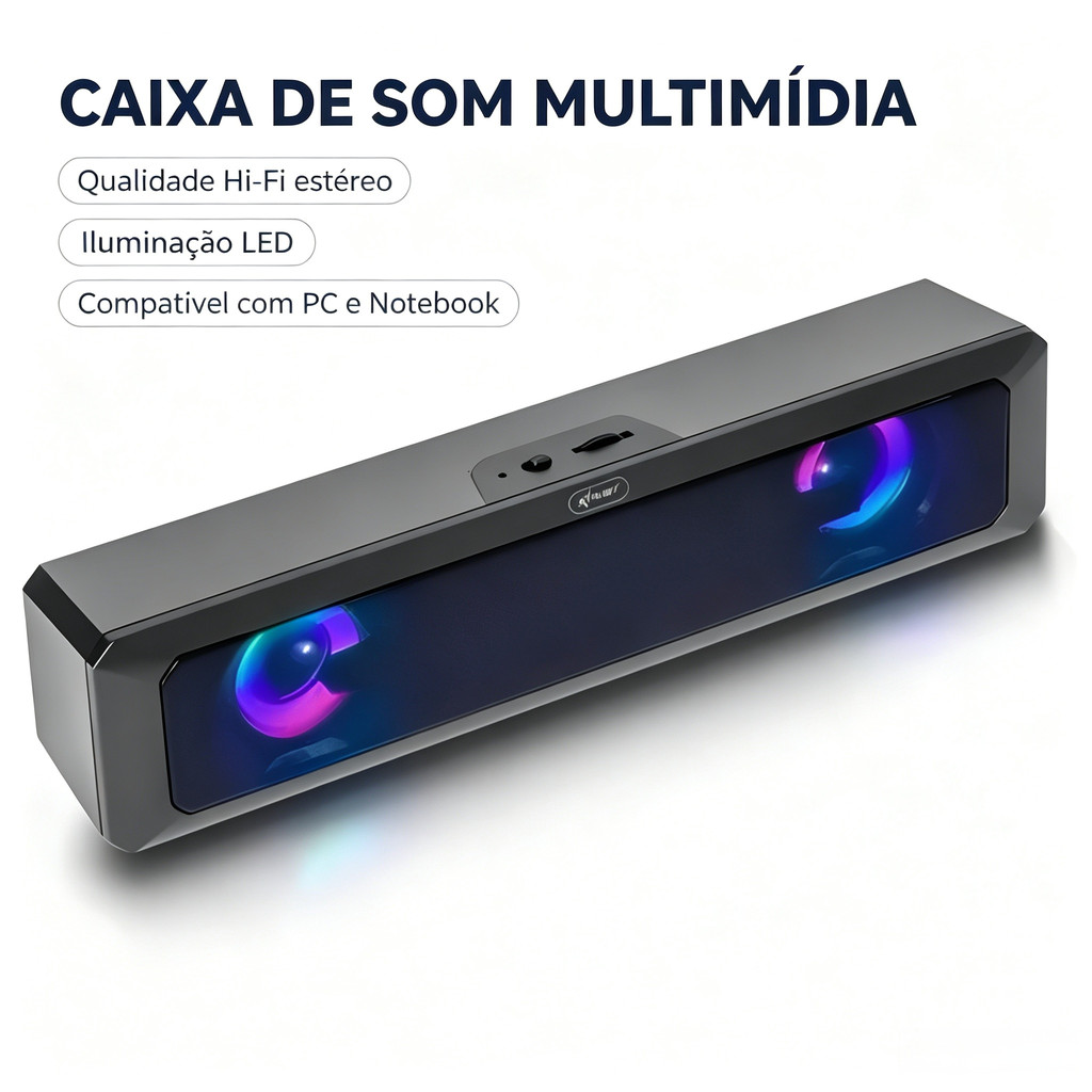 Caixa de Som Multimedia LED Hi-Fi Estéreo USB Conexão de áudio 3,5mm para PC Notebook Ideal para Músicas Filmes Jogos