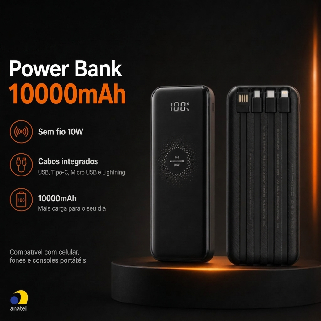 Carregador Portátil Power Bank 10000mAh Sem Fio 10W Cabos Integrados USB-C iPhone Android