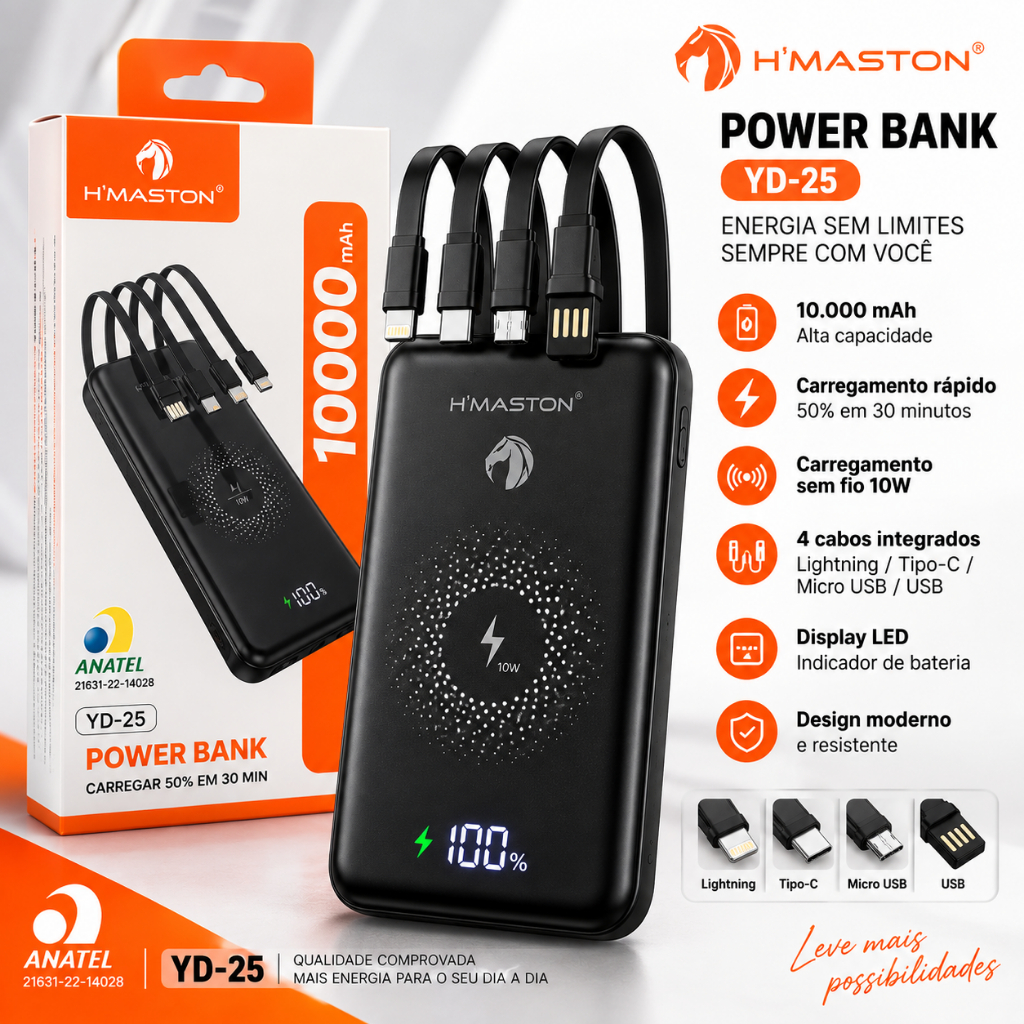 Power Bank H'Maston YD-25 10000mAh 4 Cabos Integrados Carregamento Sem Fio 10W Display LED