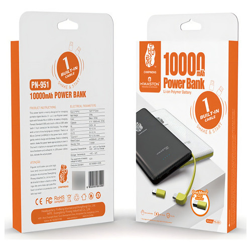 Carregador Power Bank H'maston Pn951 10000mah Com Cabo Light Preto
