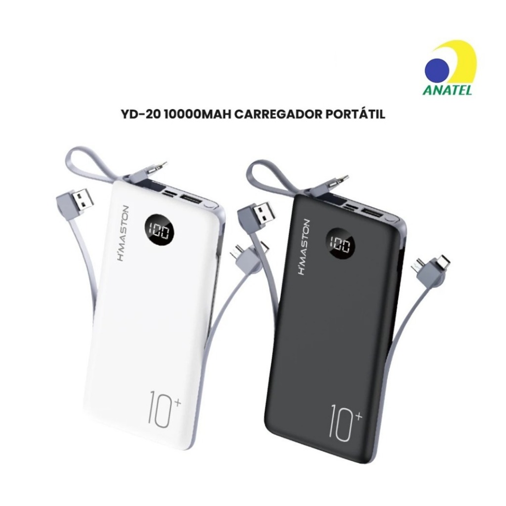 2 Carregador Portátil YD-20 10000mAh PowerBank Bateria Carregamento Rápido com 4 Cabo Tipo-C Light