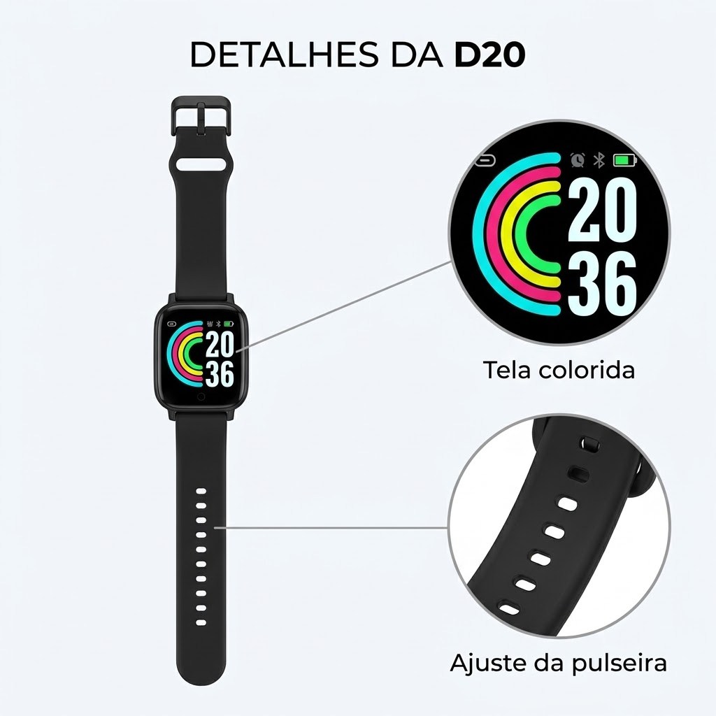 Smartwatch D20 Y68 Smart Bracelet Bluetooth Tela 1.3 Android iOS Fitness Notificações