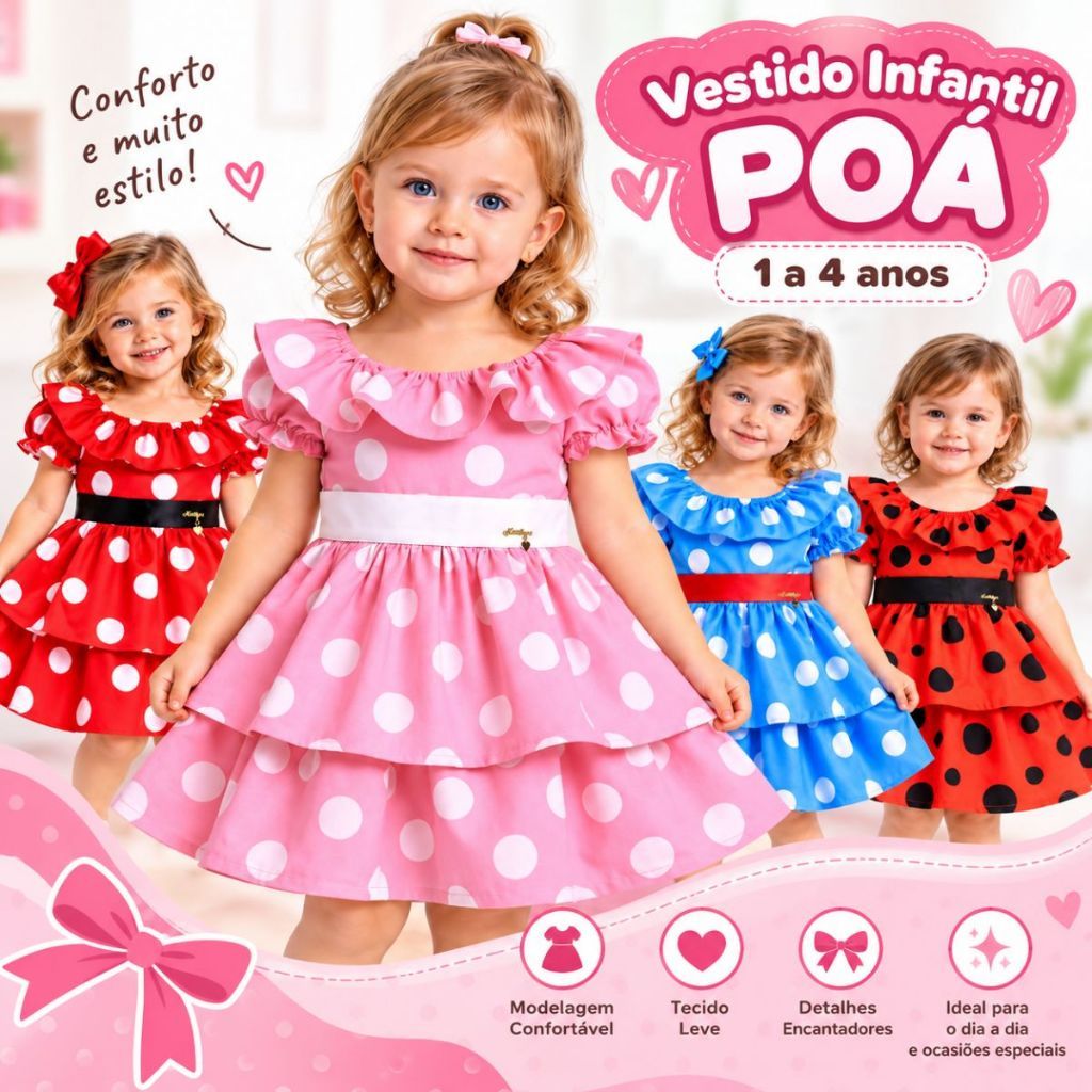 Vestido Infantil de Festa de Bolinhas Poá Minnie Galinha Pintadinha LadyBug Ideal Festa Aniversários