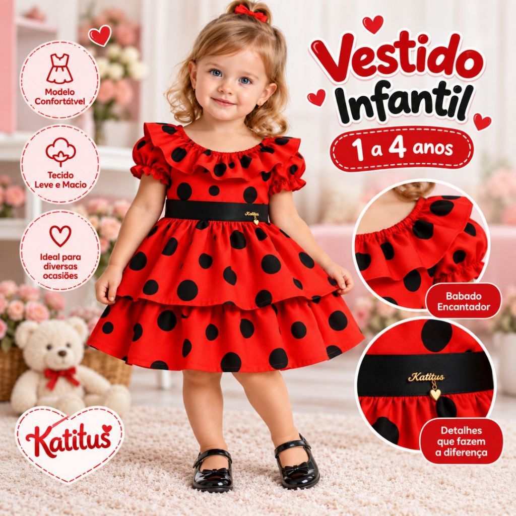 Vestido de Festa Infantil de Bolinhas LadyBug Pretas Tam 1 a 4 Anos Poá Vermelho
