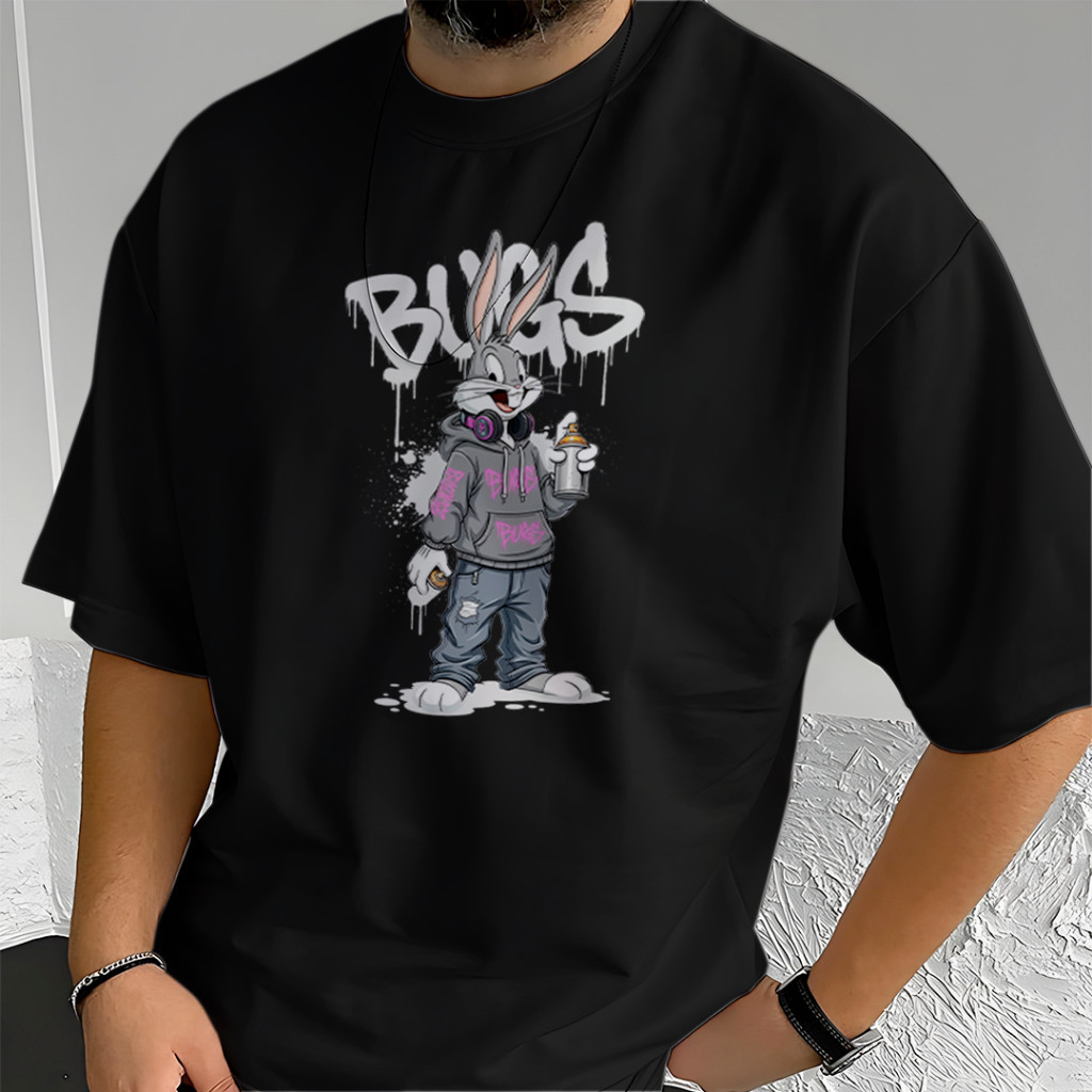 Camiseta Oversized Algodão Estampa Cartoon Coelho Pernalonga Looney Tunes Grafitti Bugs Moda Streetwear