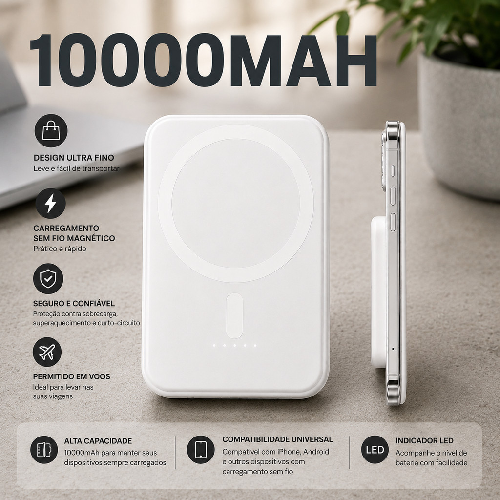 Carregador Magnético 10000mAh Ultra Fino 15W Seguro para Viagens
