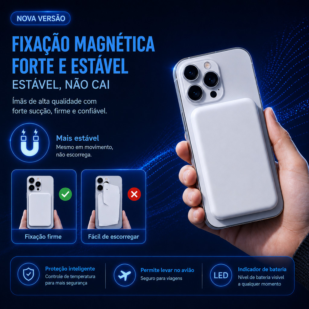 Carregador Sem Fio Magsafe 15W Rápido Bateria 10000mAh Design Ultra Fino para iPhone 12 13 14 15 16 17