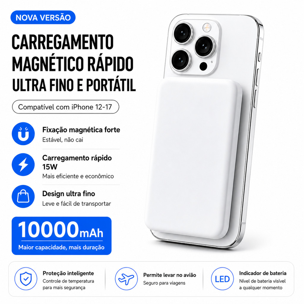 Power Bank Magnético 10000mAh Ultra Fino Carregamento Rápido 15W Compatível iPhone 12 ao 17 Portátil para Viagens