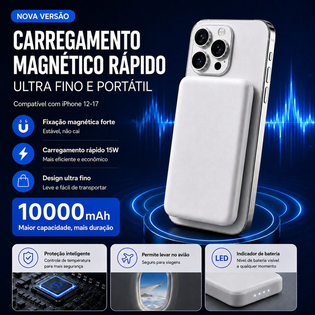 Carregador Magsafe Ultra Fino 10000mAh 15W Rápido Compatível com Todos iPhones 12,13,14,15,16,17