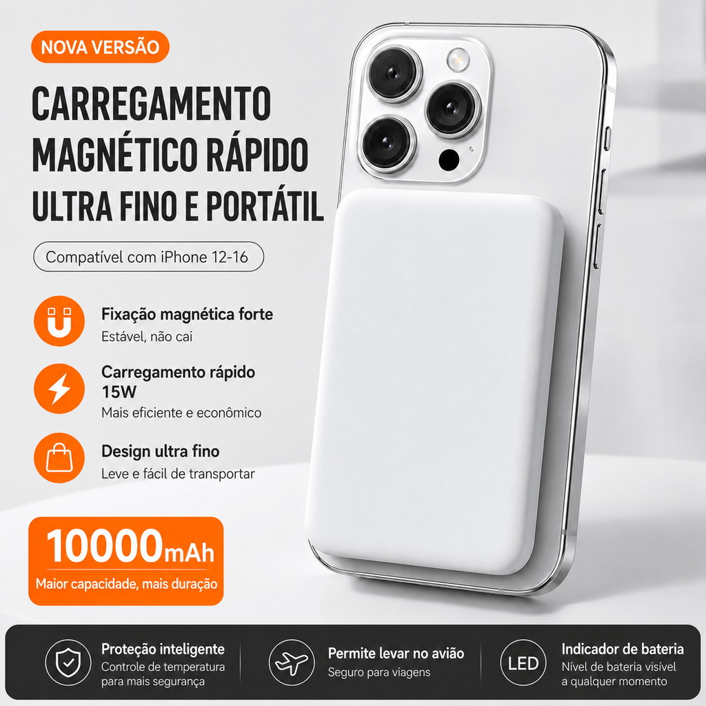 Power Bank Magnético 10000mAh 15W Ultra Fino Compatível iPhone 12 13 14 15 16 17