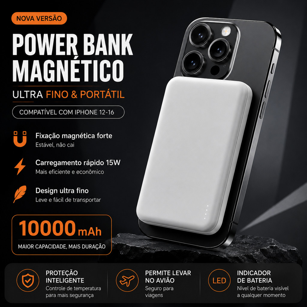 Power Bank Magnético 10000mAh Ultra Leve Rápido Compatível Todos iPhones Linha 12 a 17