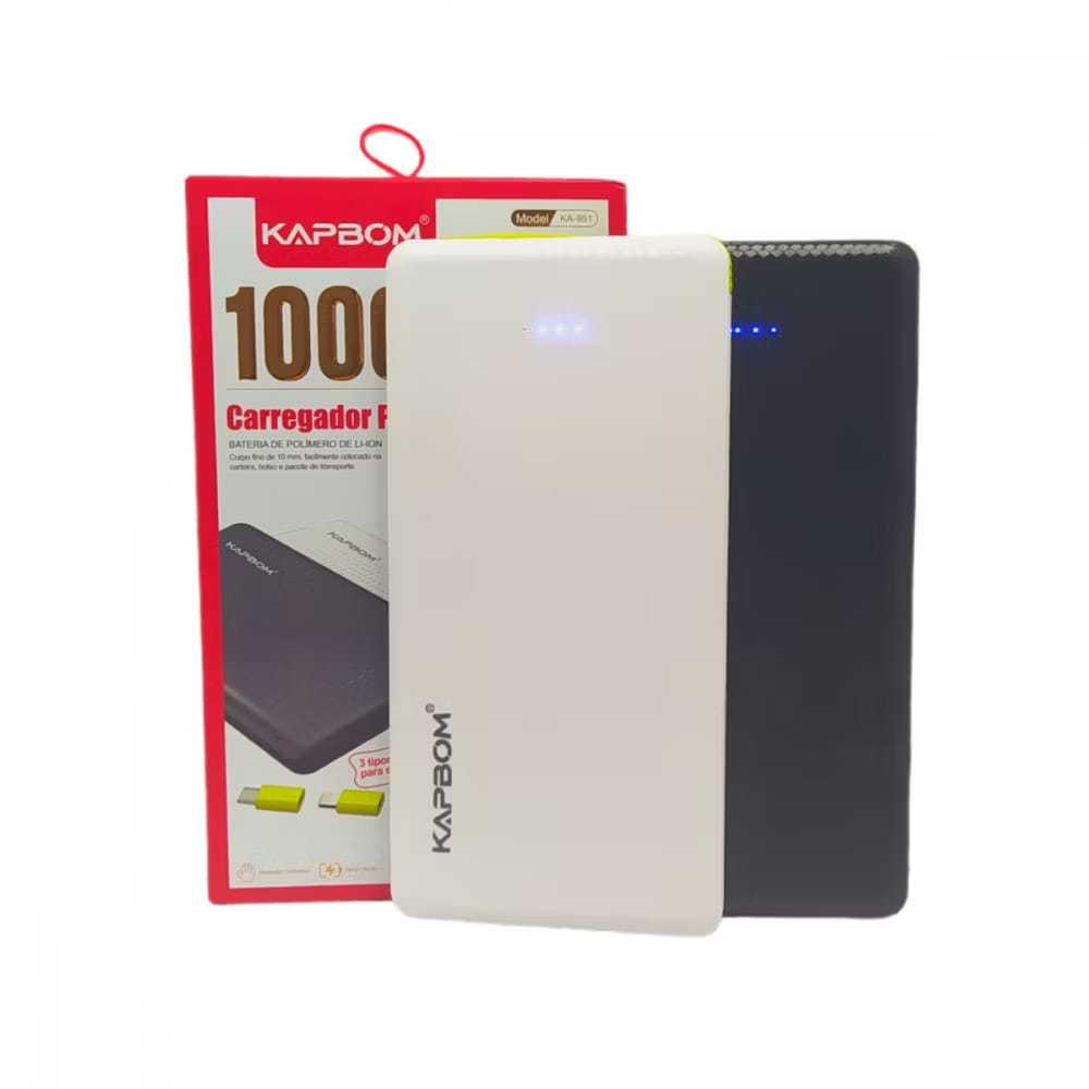 Power Bank Kapbom 10000mAh KA-951 – Carregador Portátil Ultra Fino com Adaptador Tipo-C e iPhone