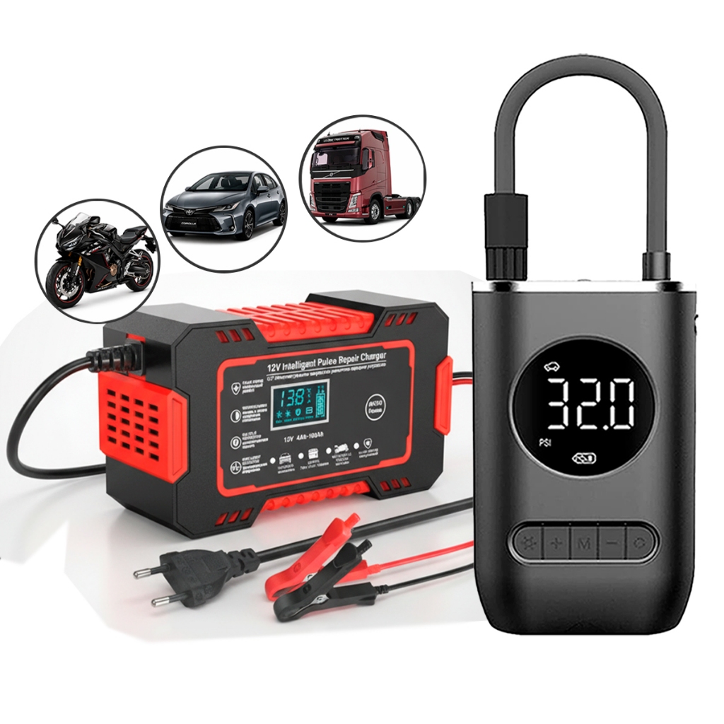 Kit Automotivo Carregador de Bateria 12V 6A + Inflador de Pneus Digital