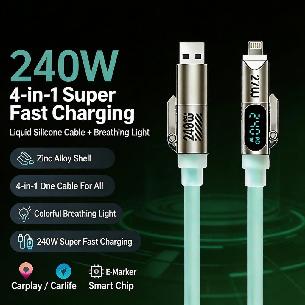 Cabo de dados de carregamento rápido com Display Digital inteligente de Silicone líquido quatro em um de 240 W, adequado