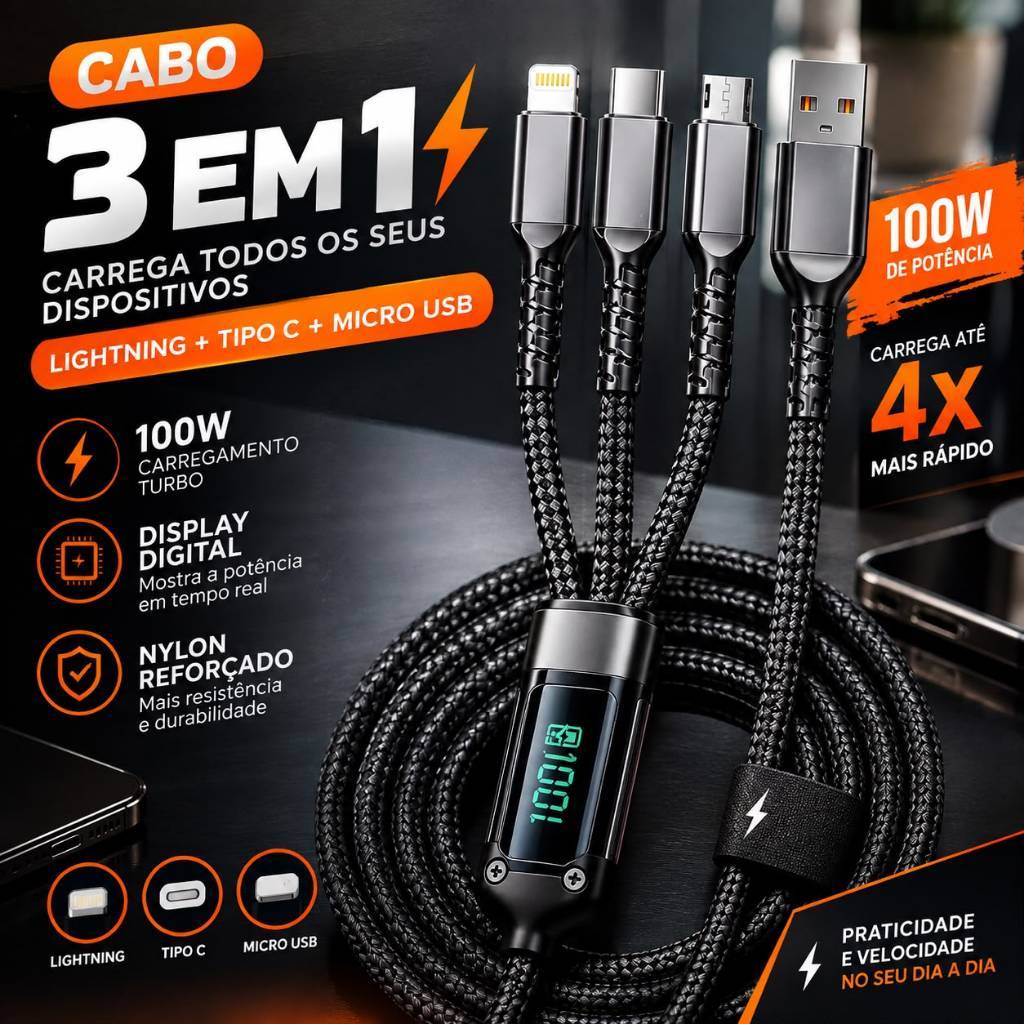 Cabo 3 em 1 - 100W Turbo Lightning\ Tipo C \ USB (V8) . Nylon Reforçado com Display Digital