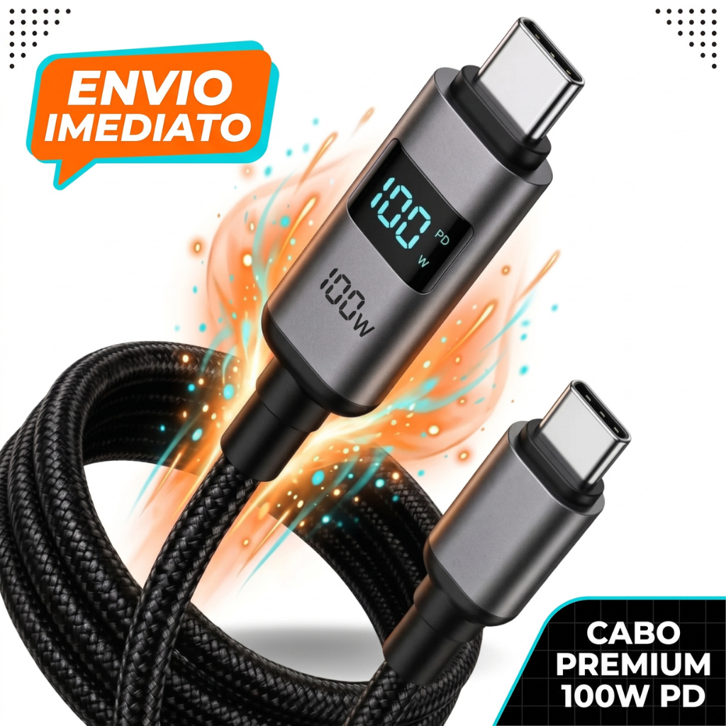 Cabo TipoC USB-C 100W Carregamento Turbo Rápido 1 Metro Nylon Premium Com Visor Led Digital Para iPhone Samsung Motorola