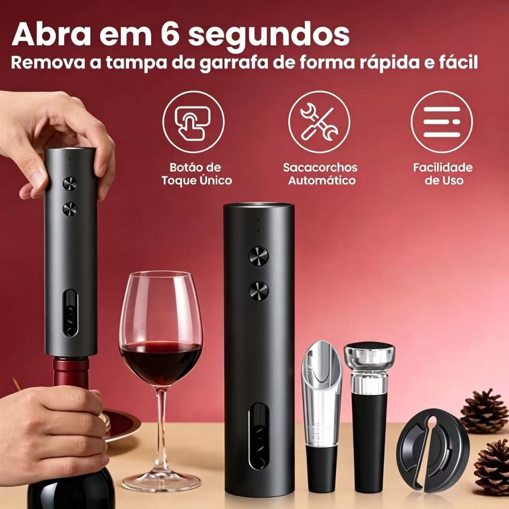 Saca Rolha Abridor De Vinho Elétrico Recarregável Automático Kit 4 Peças Carregamento por usb - ANGELA