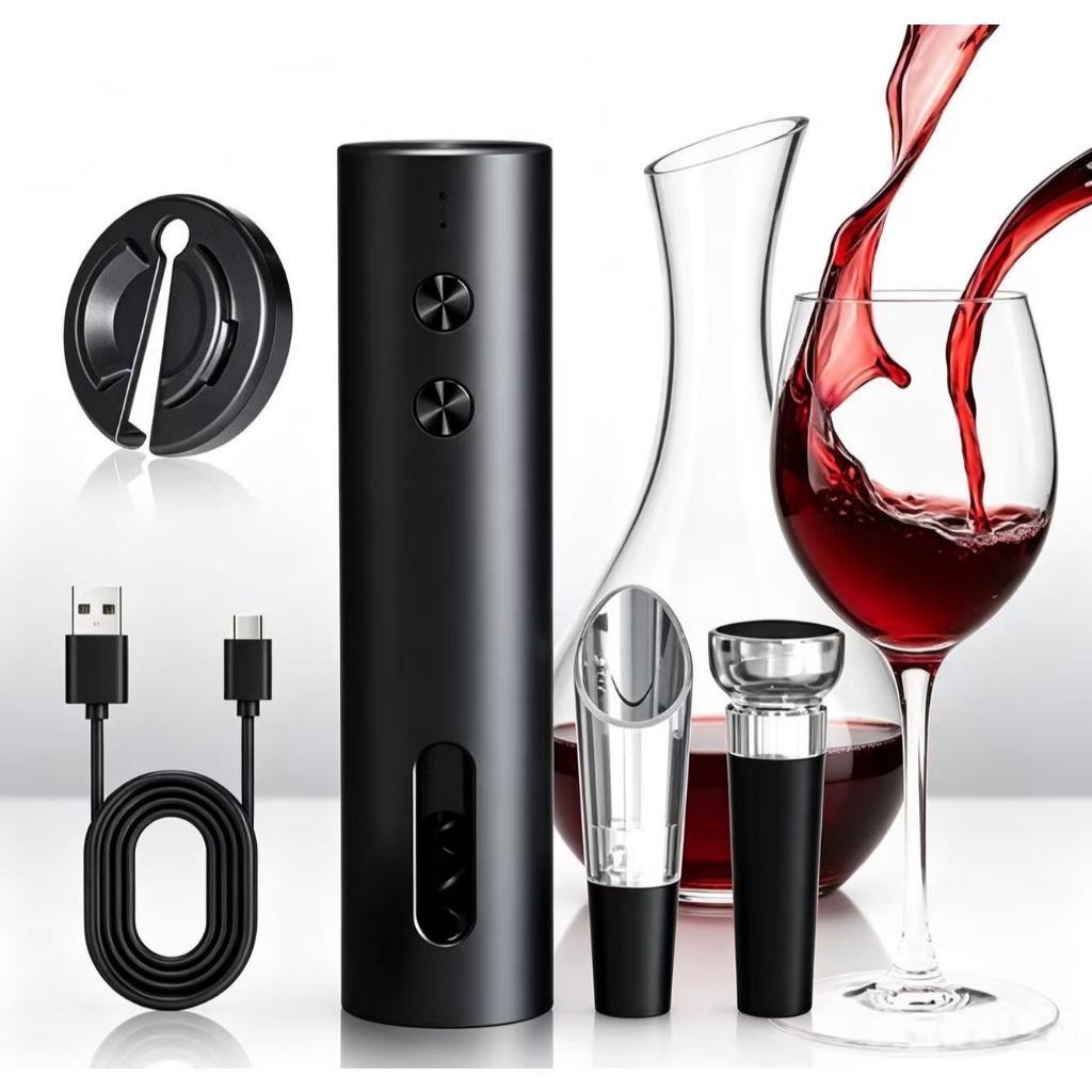 Conjunto de abridor de garrafa elétrico recarregável preto de 4 peças, suporte para carregamento USB - LUIZA