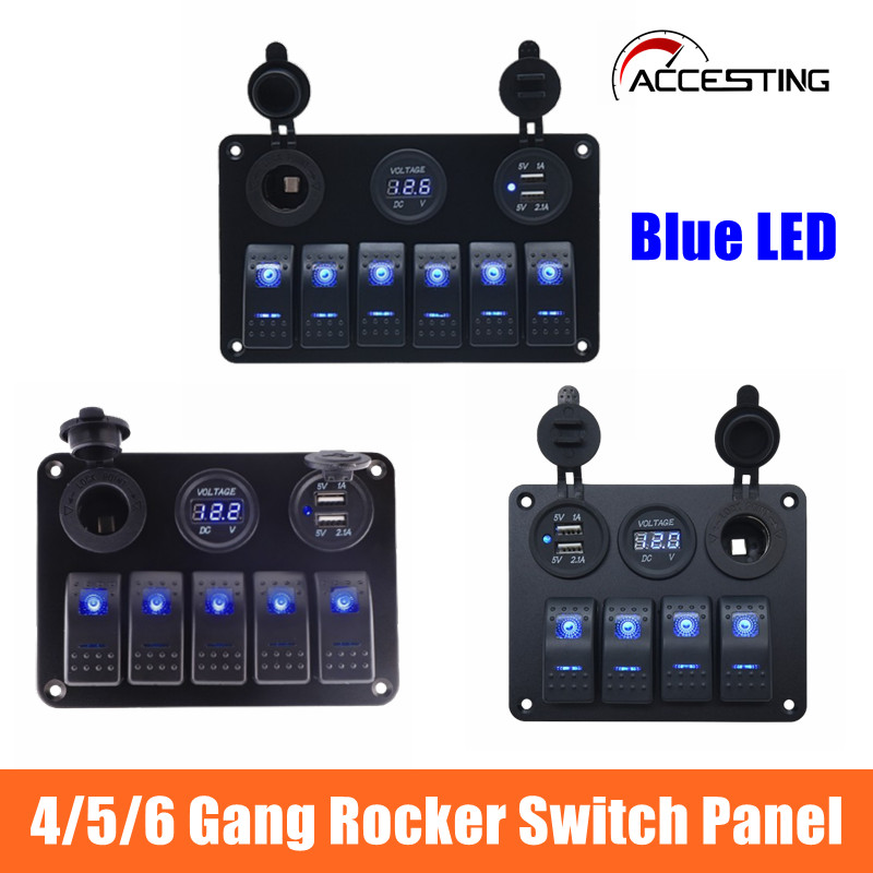 Painel De Interruptor Azul LED 4/5/6 Gang Boat Rocker Switch Marítimo À Prova D'água Alumínio Com Tomada USB Daul 3.1A + Voltímetro De 12V Adequado Para Carros Caminhões Barcos RV
