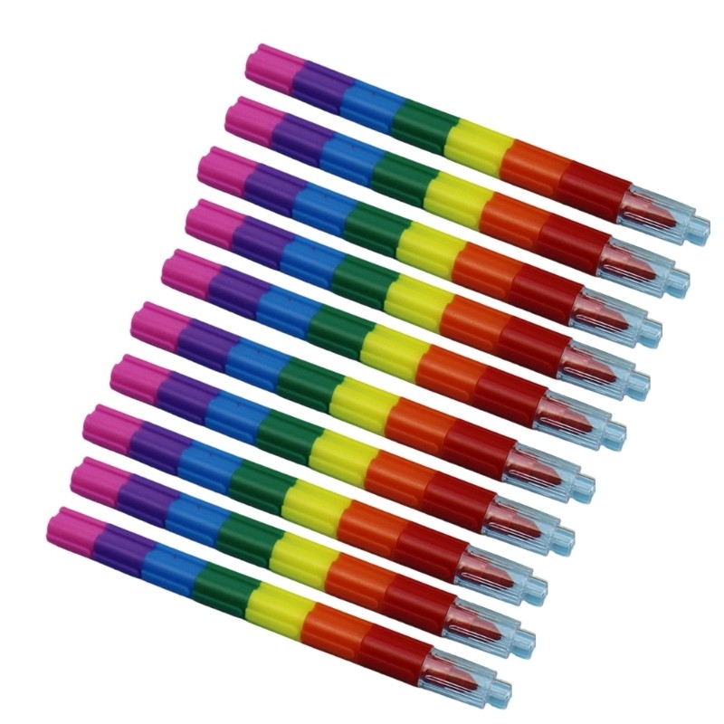 Yoo Coloring Practice Crayon Pen 10 Pack Lápis De Cor Multicoloridos Empilháveis De 7 Cores Com Barris Anti-Rolo Segment