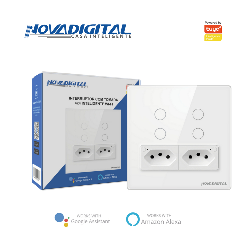 Interruptor Inteligente 4x4 4 Botoes e 2 tomadas smarth tuya BRANCO OU PRETO NOVA DIGITAL