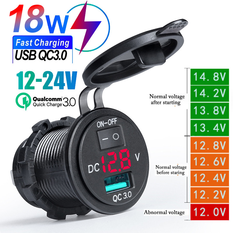 Tomada Para Carregador De Carro Com Interruptor ON-OFF E Display Digital Voltímetro QC 3.0 USB Adaptador De Carregamento Rápido 12V/24V Motocicleta