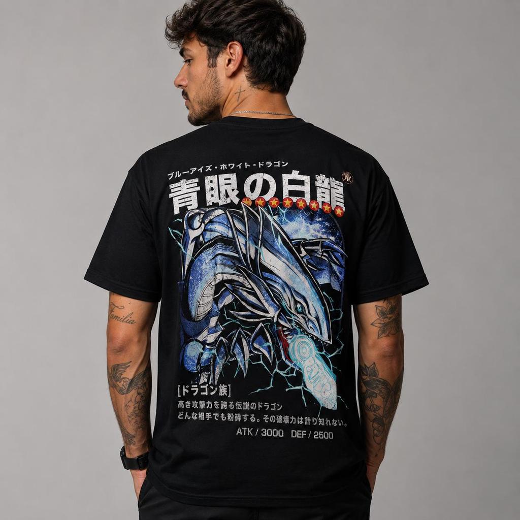 Camiseta Masculina Blue-Eyes White Dragon Dragão Branco de Olhos Azuis Anime Geek Estampada Streetwear