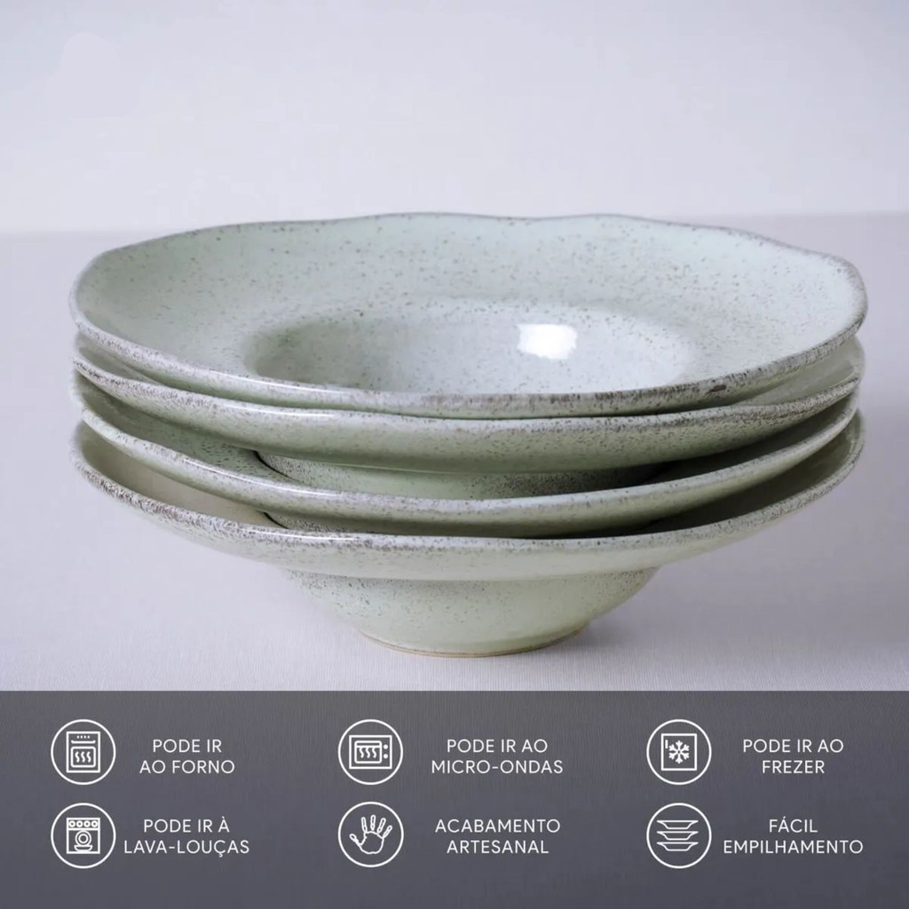 Conjunto de 4 Pratos para Massa Stoneware Orgânico Pistache 28cm - Porto Brasil