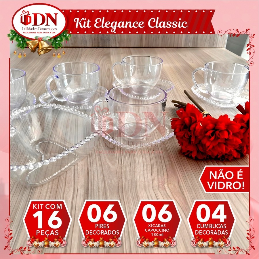 kit Elegance Classic ( ACRILICO) 16 peças 6 Xícaras 180ml 6 Pires coração Decorado 4 cumbuca