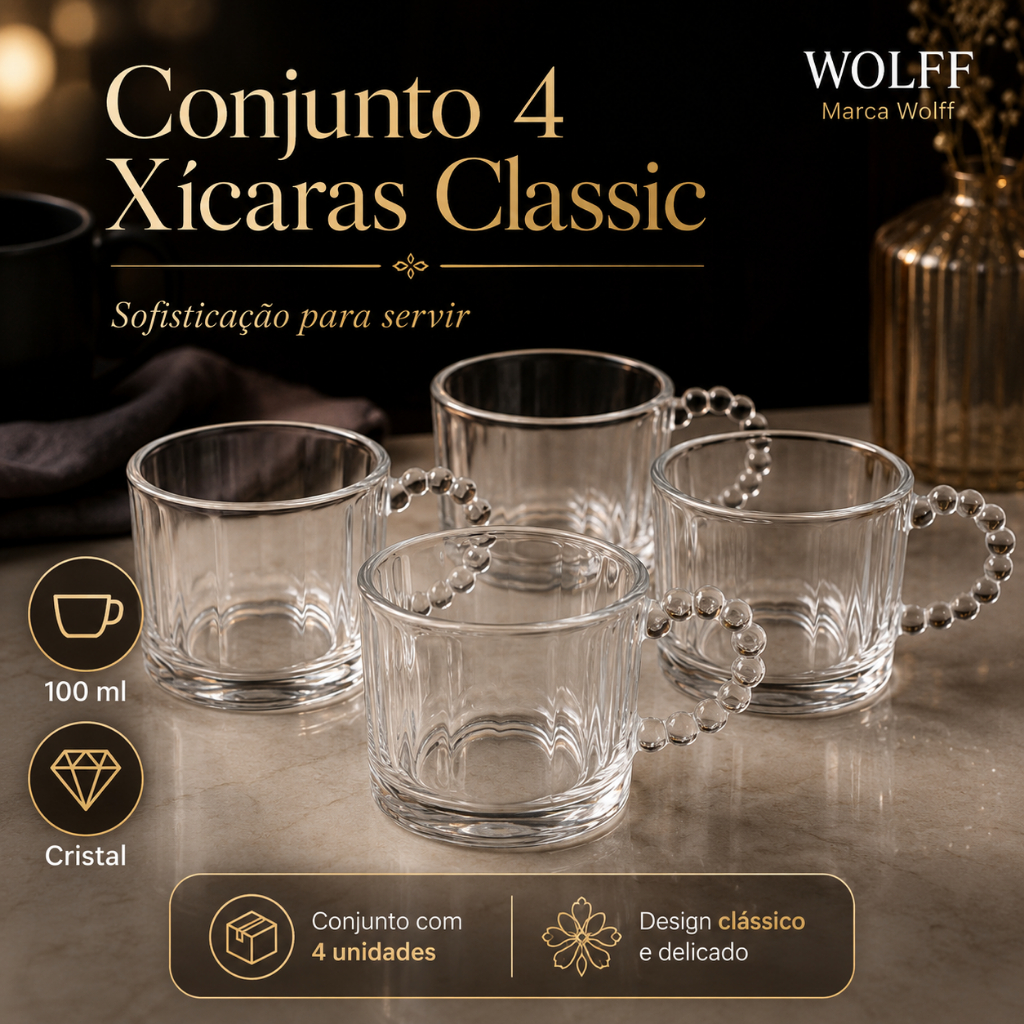 Conjunto 4 Xícaras Classic 100ml Cristal - Wolff