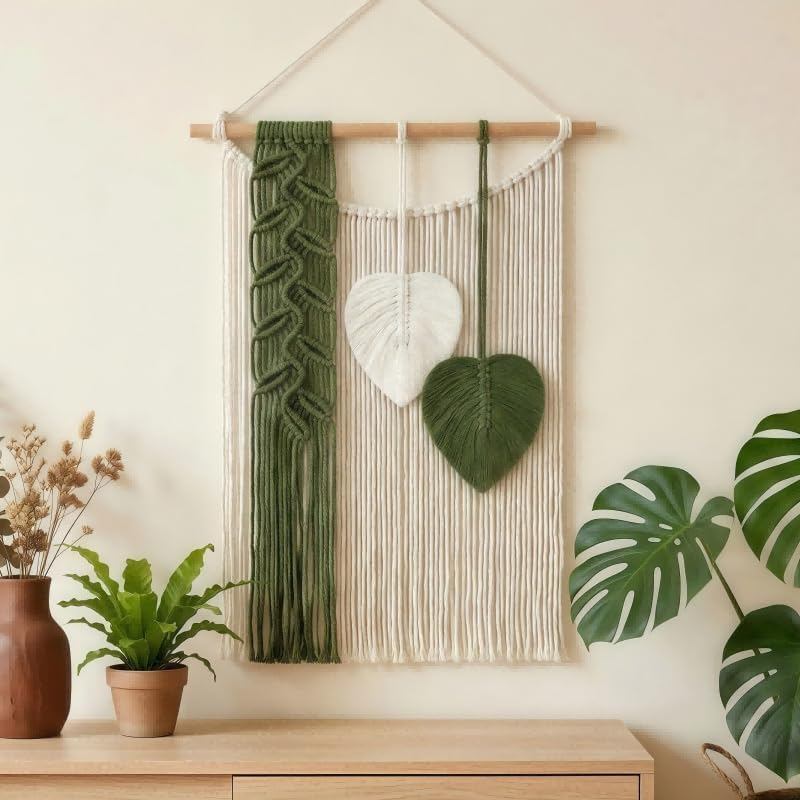 SunsprieJoy Macrame Wall Hanging, Boho Wall Decor Handmade Yarn Woven Leaf Tapestry, Modern Wall Art for Bedroom Nursery